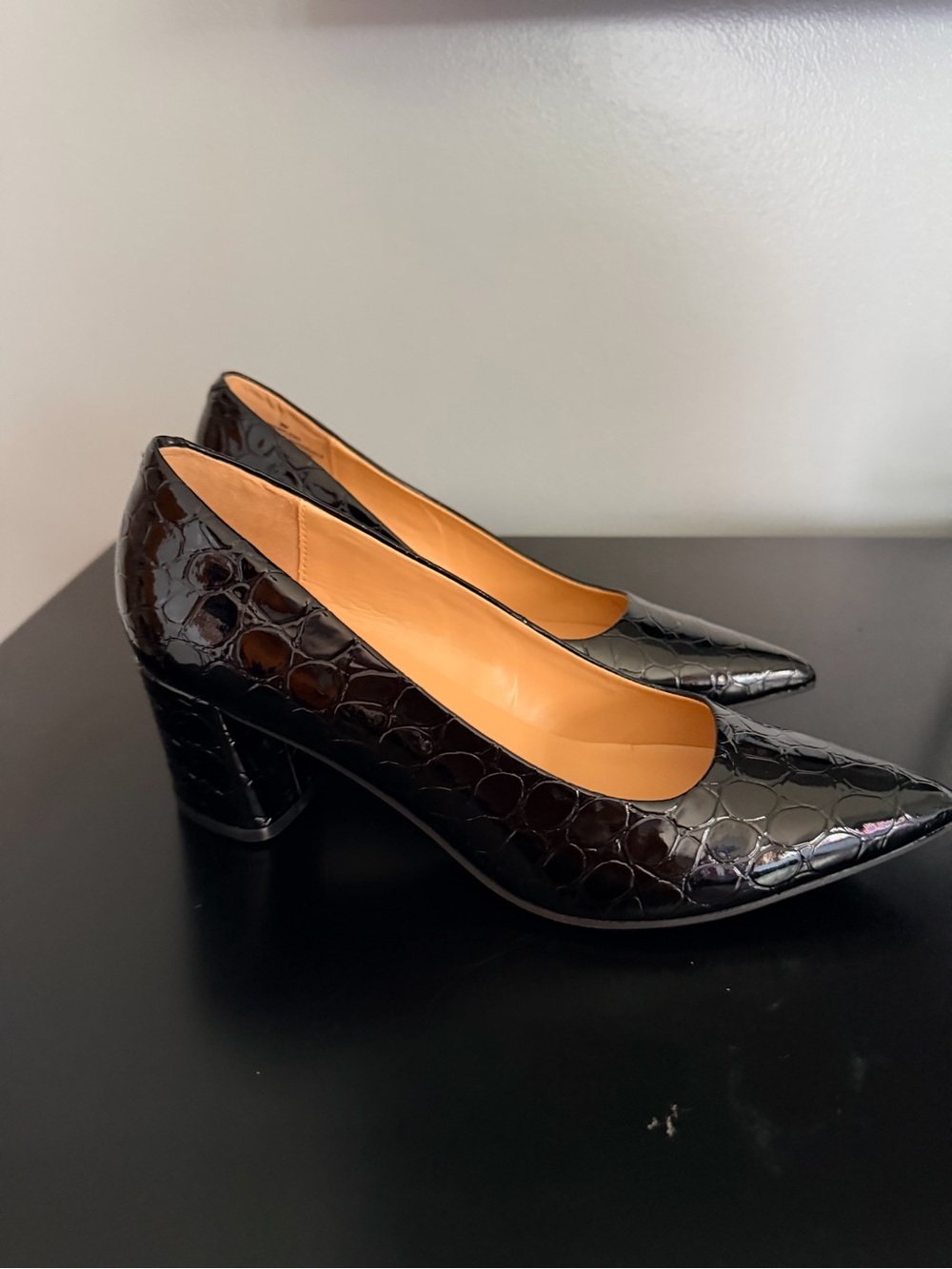 Nine West Black Croc-Embossed Pointed Block Heel Pumps